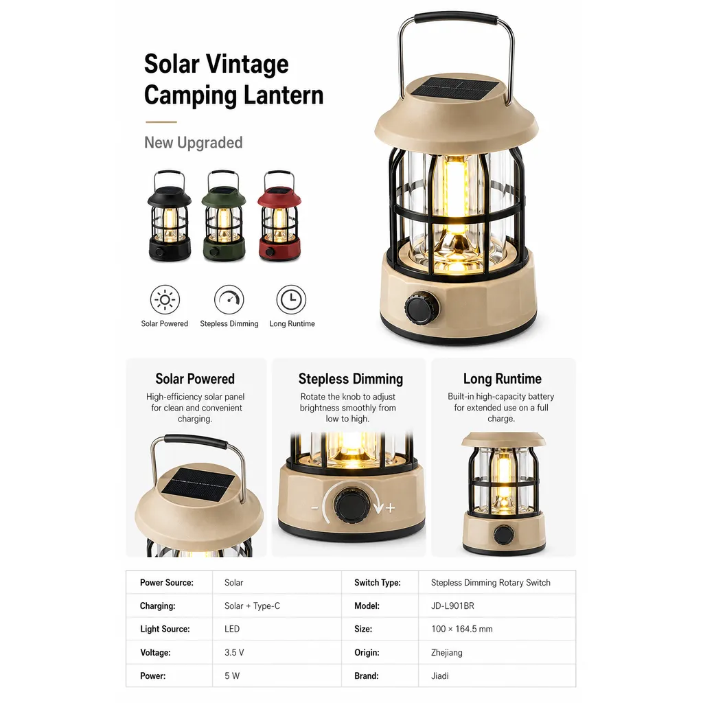 JD-L901BR Solar Rechargeable LED Camping Lantern