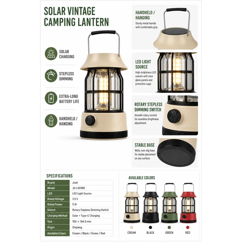 JD-L901BR Solar Type-C Rechargeable LED Camping Lantern