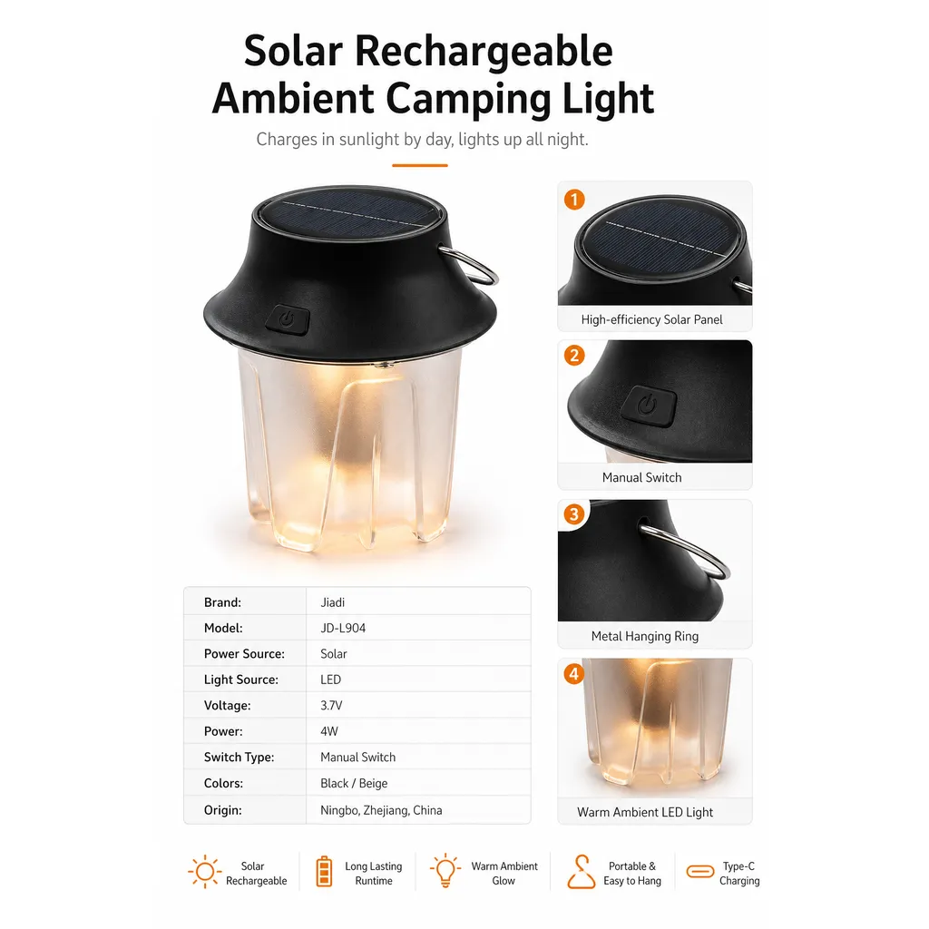 JD-L904BR Solar Rechargeable LED Camping Lantern