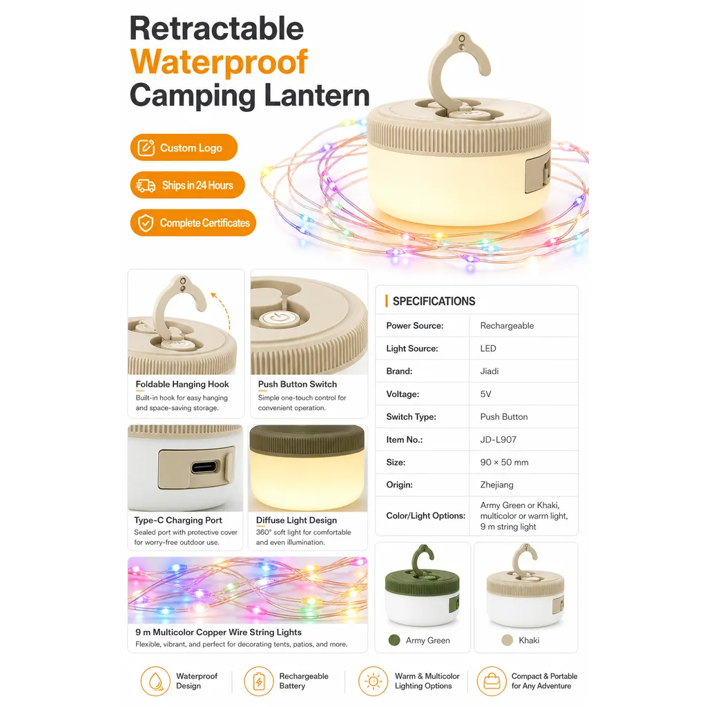 JD-L907 Rechargeable LED Camping Lantern Waterproof Hanging String Light