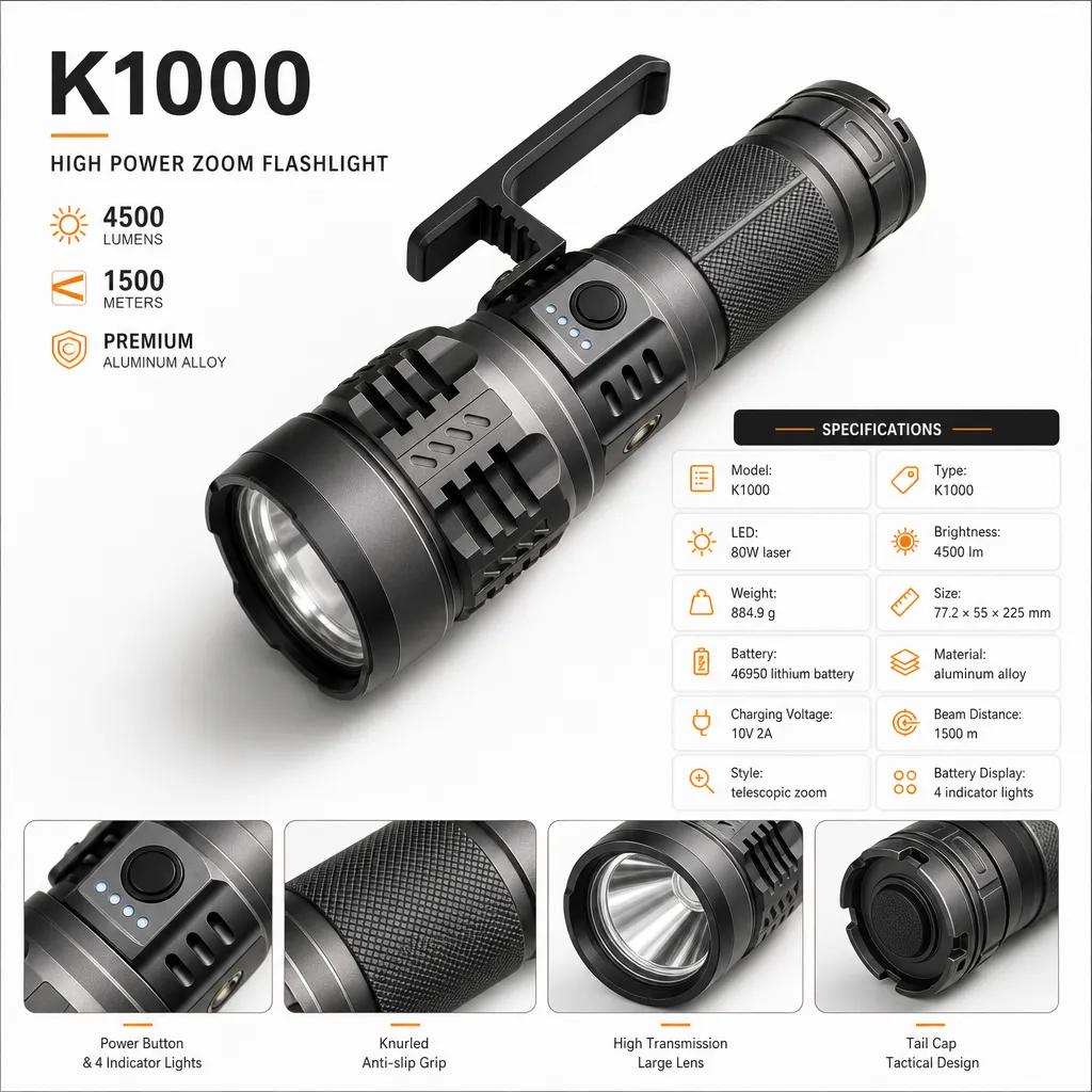 K1000 80 W Laser Flashlight 4500 lm Zoom Aluminum Alloy Torch