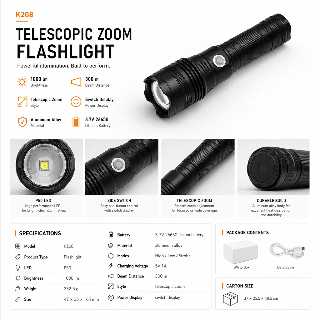 K208 P50 Aluminum Alloy Rechargeable Zoom LED Flashlight
