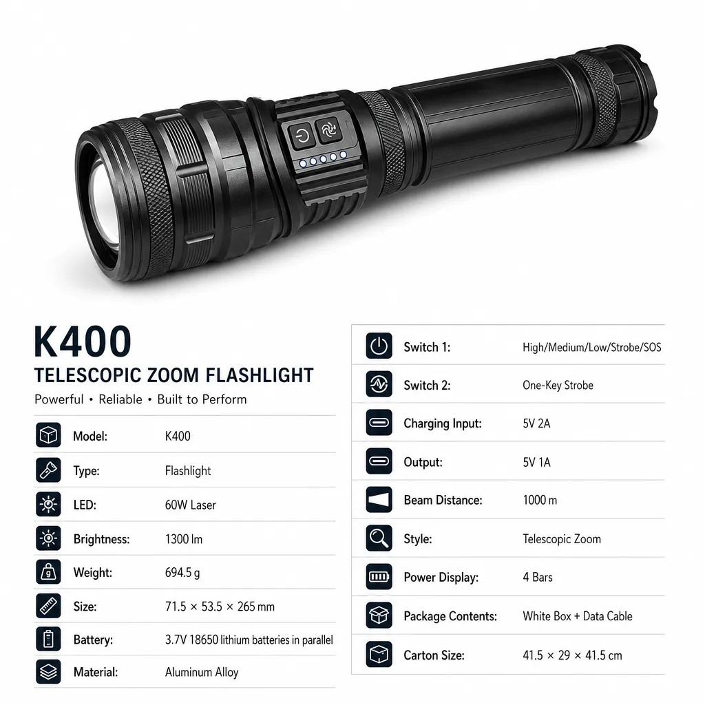 K400 60 W Laser Rechargeable Zoom Flashlight