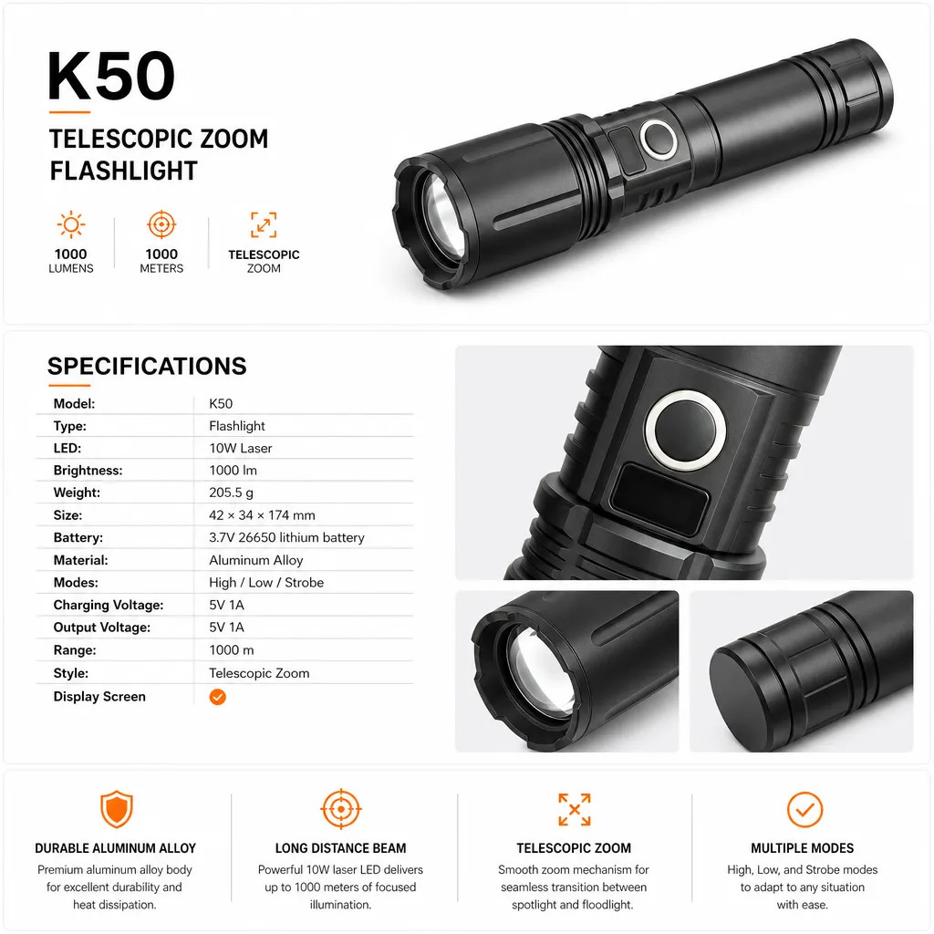 K50 10 W Laser Rechargeable Zoom Flashlight
