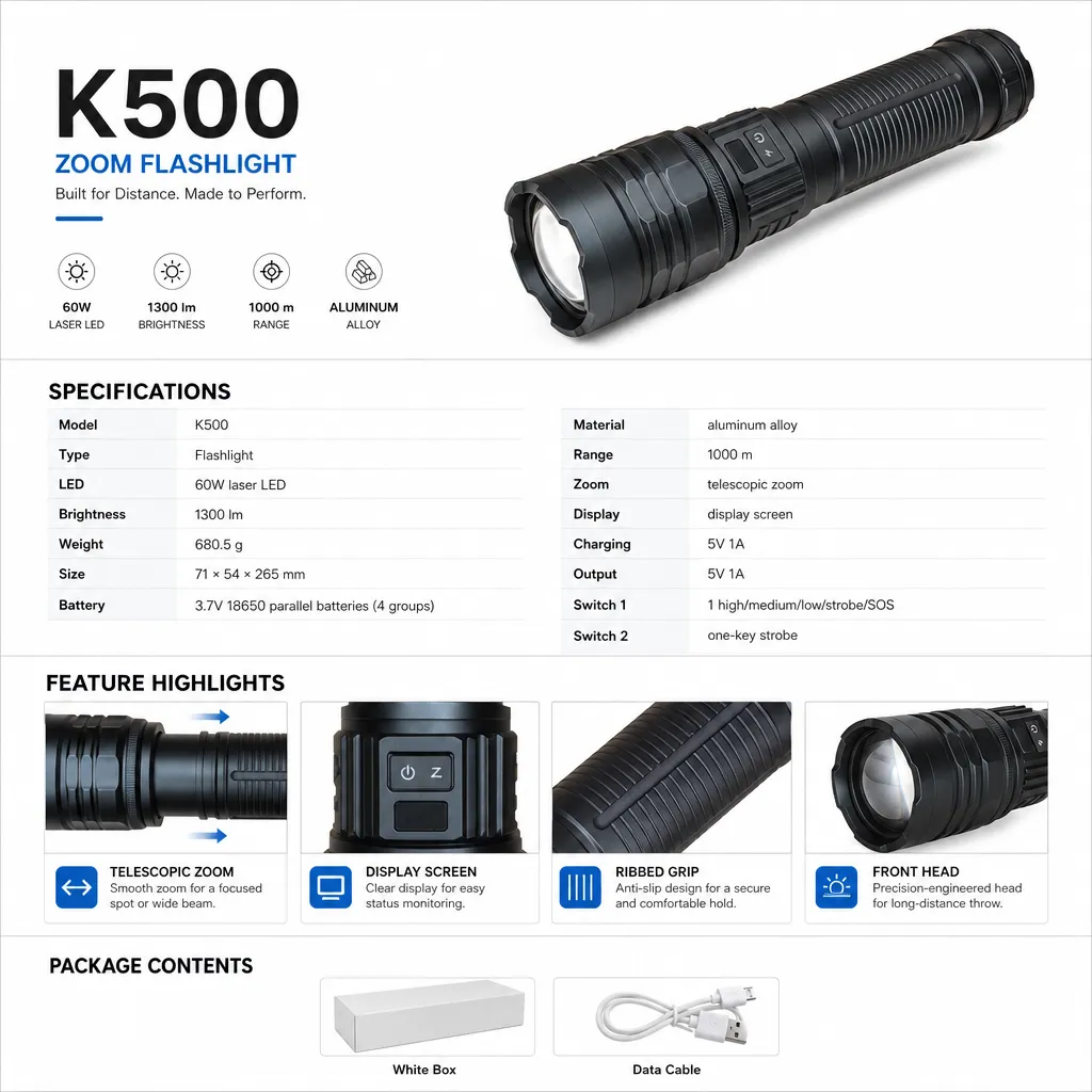 K500 60 W Laser Rechargeable Aluminum Alloy Zoom Flashlight