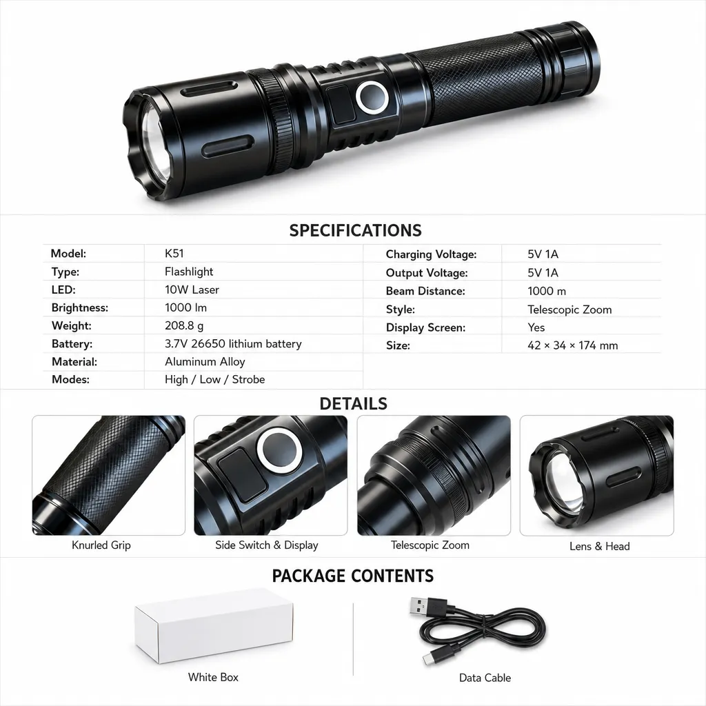 K51 10 W Laser Rechargeable Aluminum Alloy Zoom Flashlight