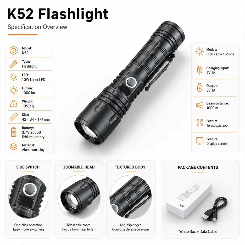 K52 10 W Laser Rechargeable Zoom Flashlight