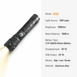 K52 10 W Laser Rechargeable Zoom Flashlight