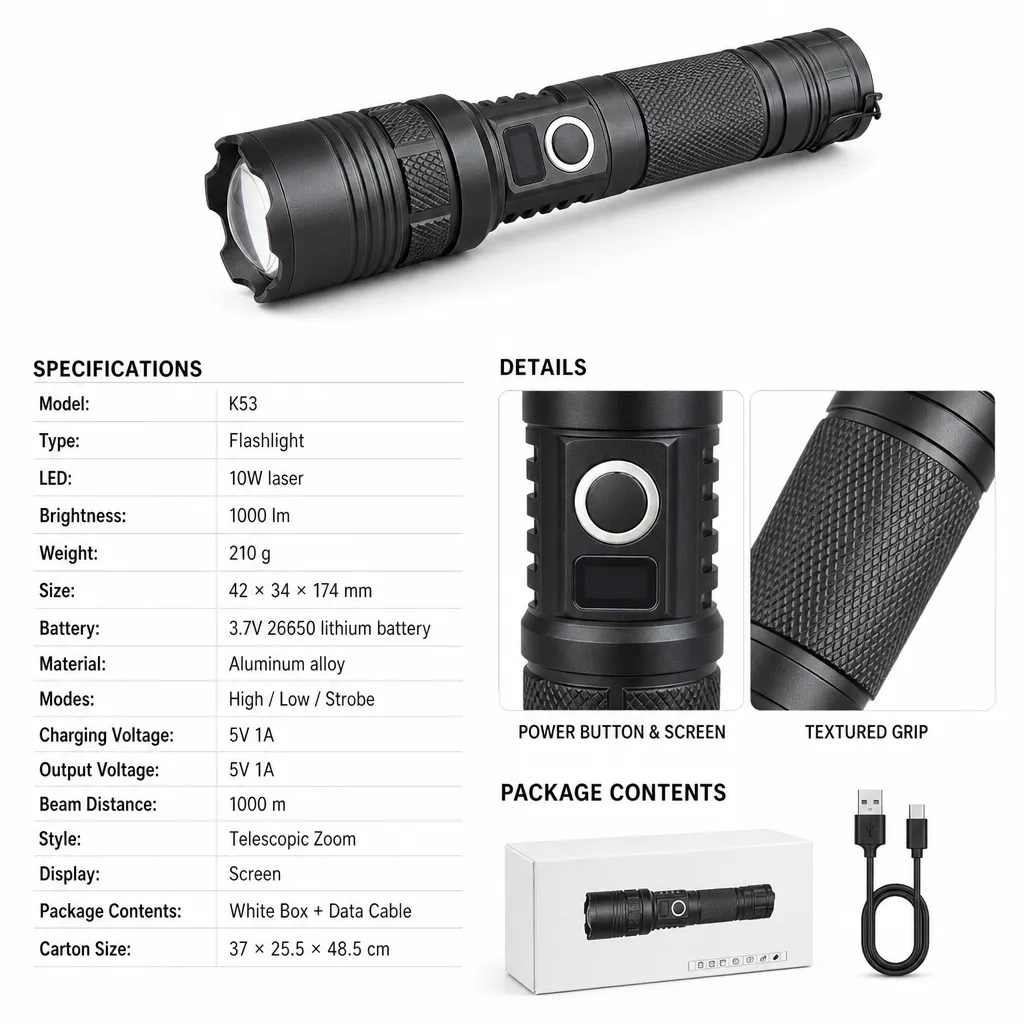 K53 10 W Laser Rechargeable Zoom Flashlight