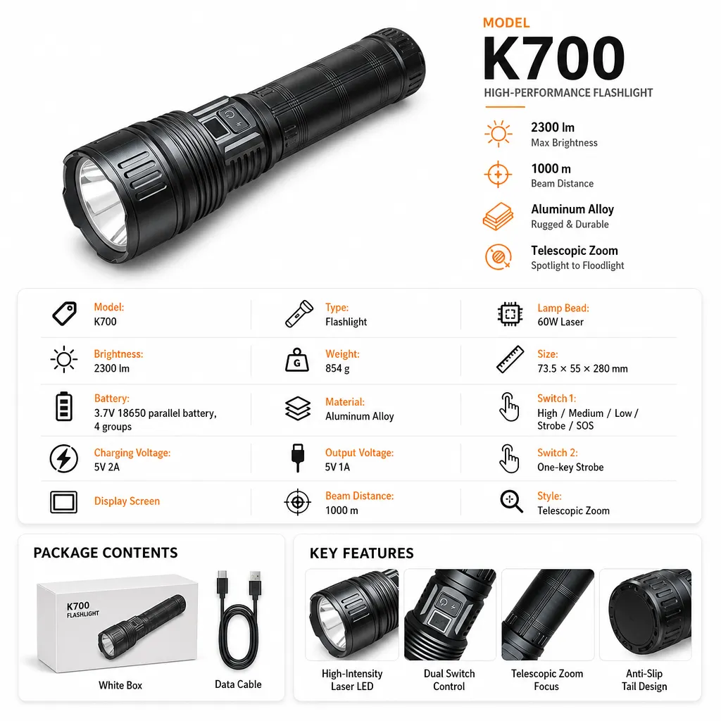 K700 60 W Laser Rechargeable Zoom Flashlight