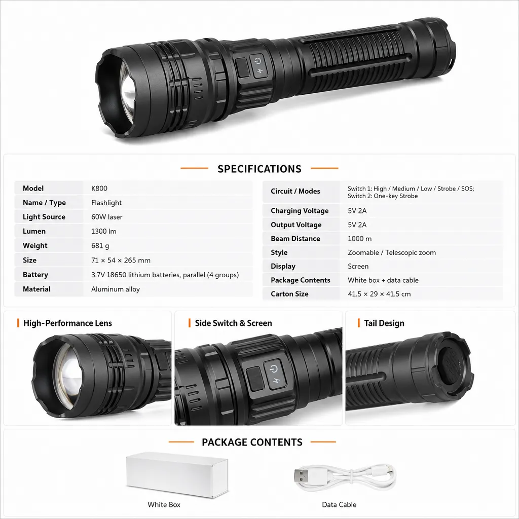 K800 60 W Laser Rechargeable Zoom Flashlight