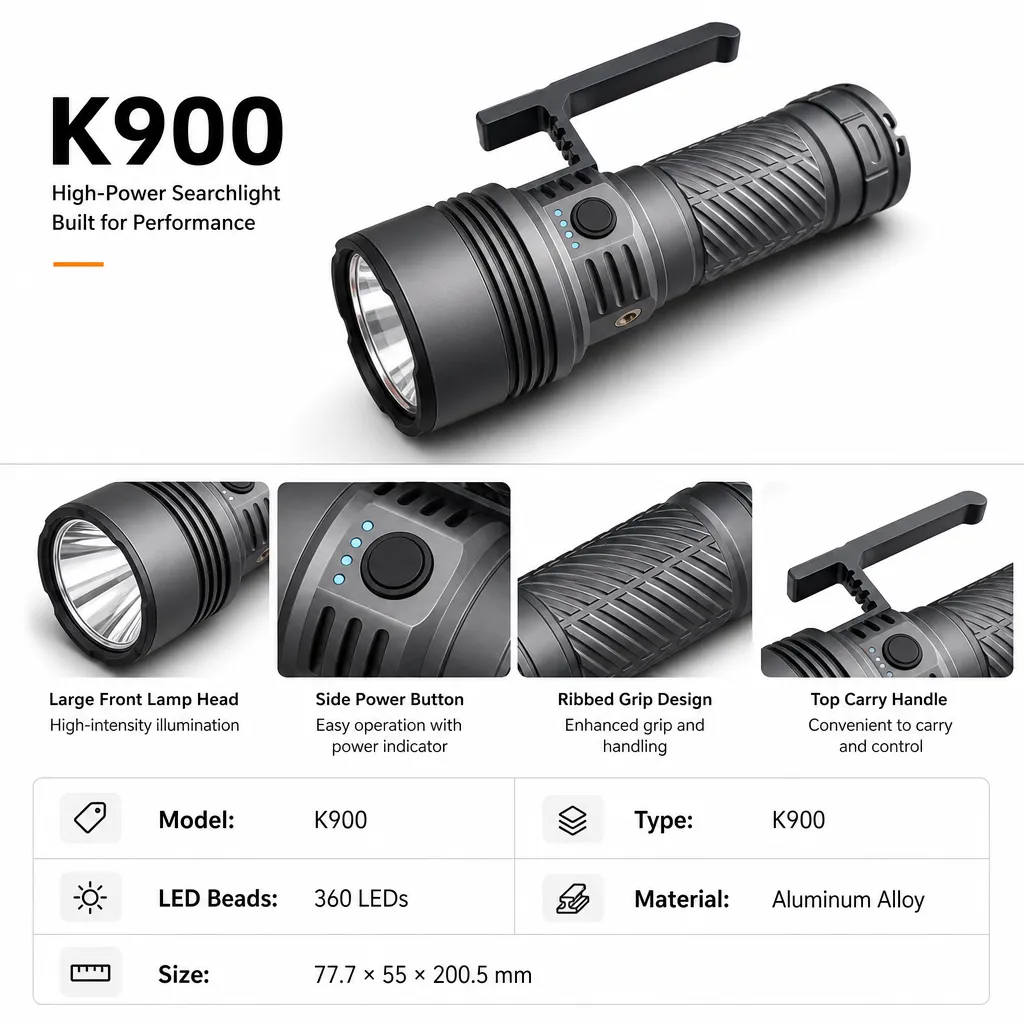 K900 Aluminum Alloy LED Flashlight with 360 LED Beads