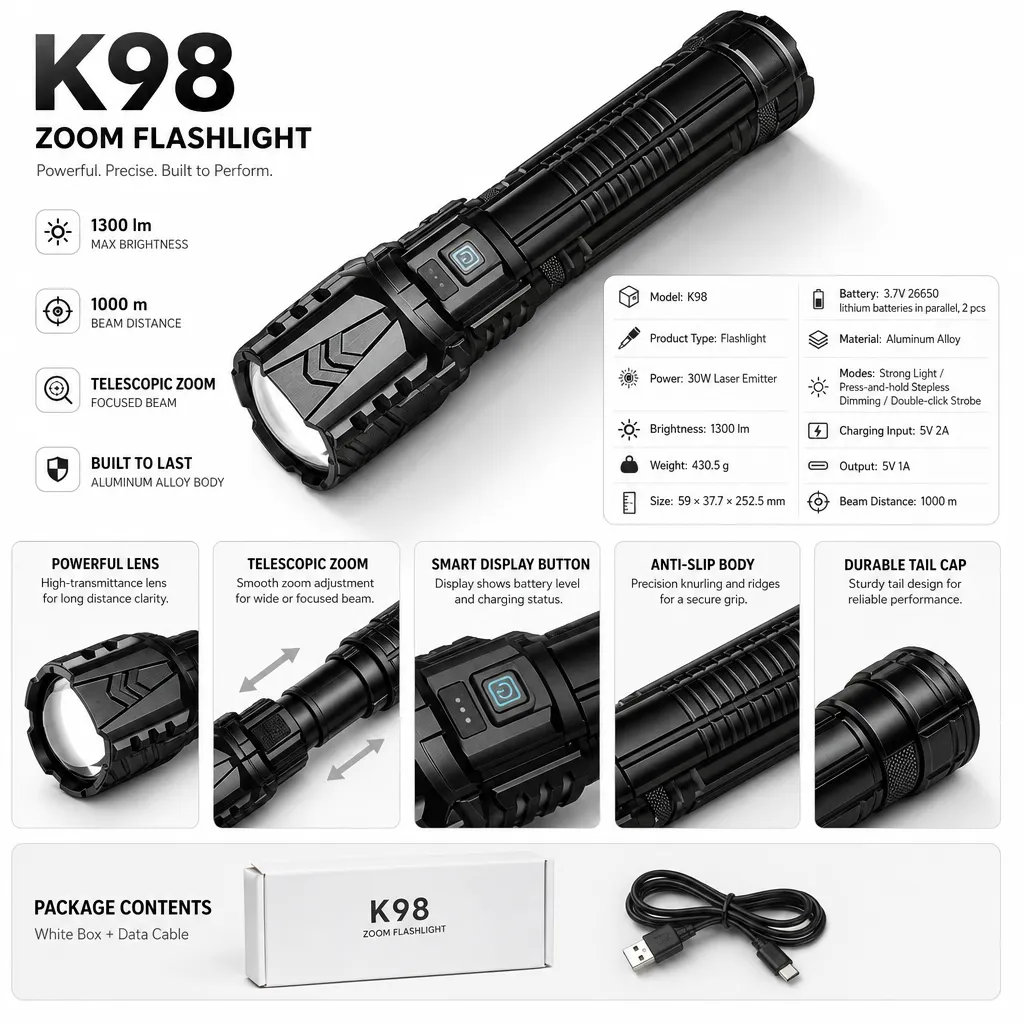 K98 30 W Laser Rechargeable Zoom Flashlight