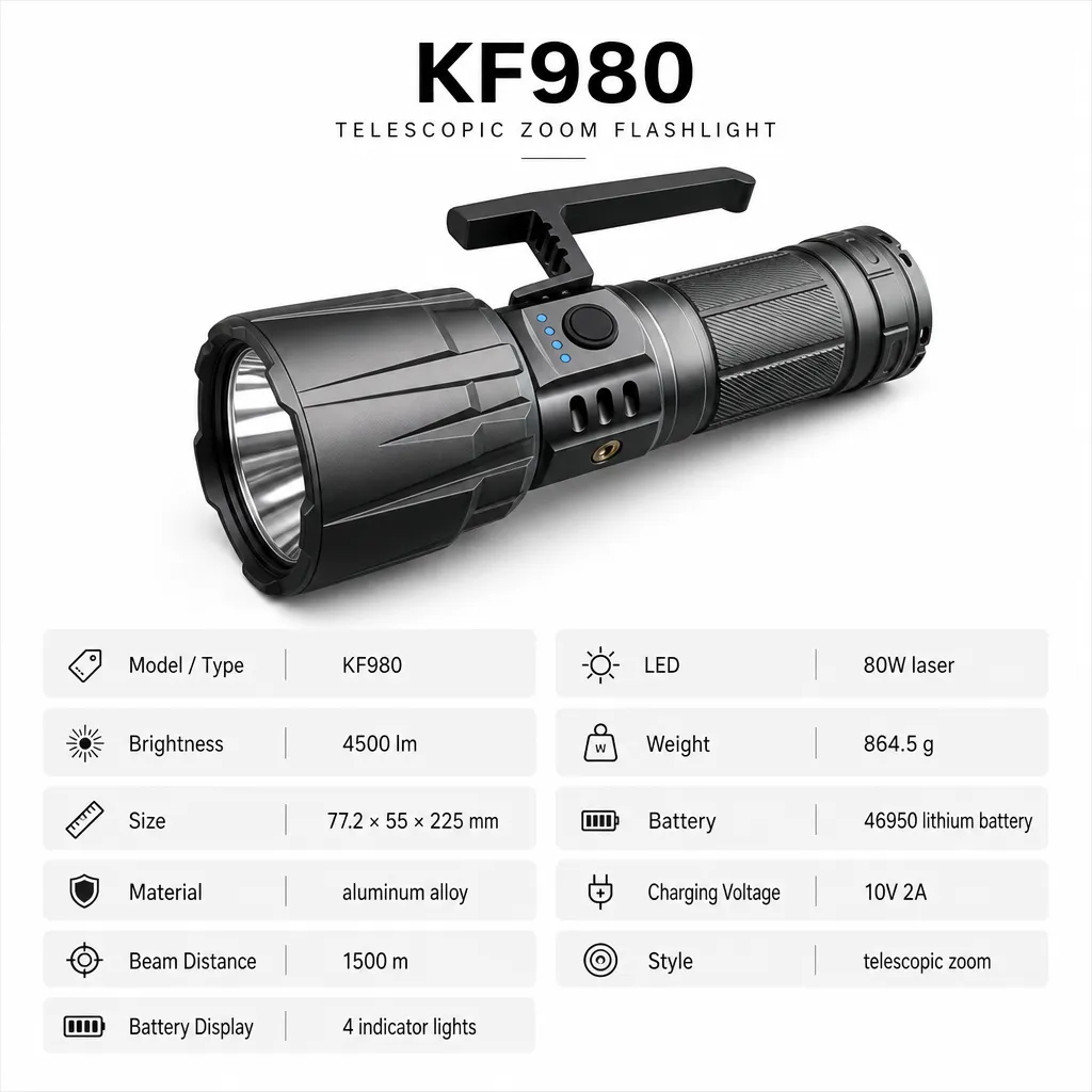 KF980 80 W Laser Flashlight 4500 lm Telescopic Zoom Aluminum Alloy Torch