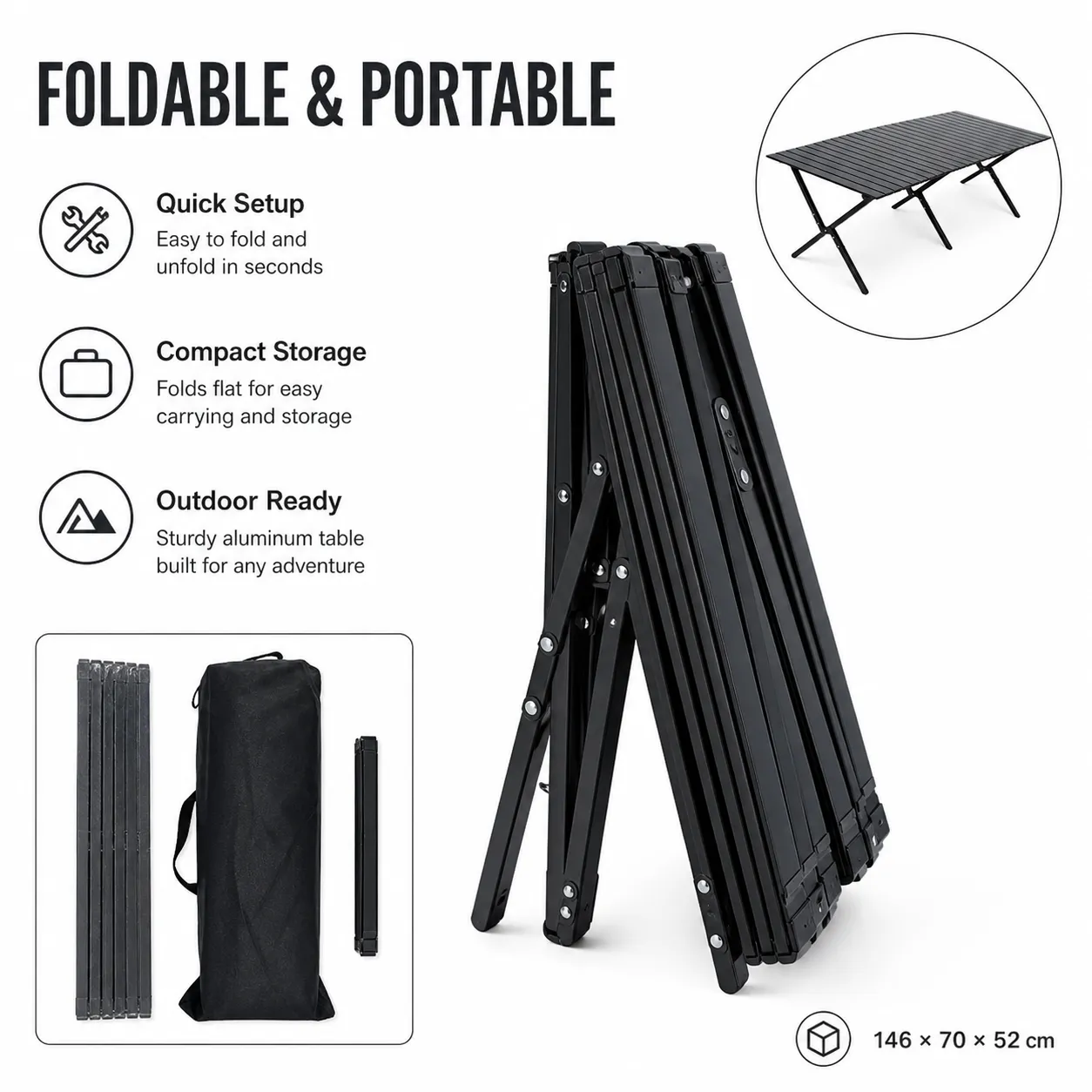 Large Black Iron Slatted Folding Camping & Picnic Table