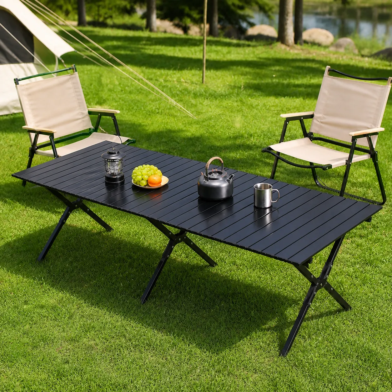 Large Black Iron Slatted Folding Camping & Picnic Table