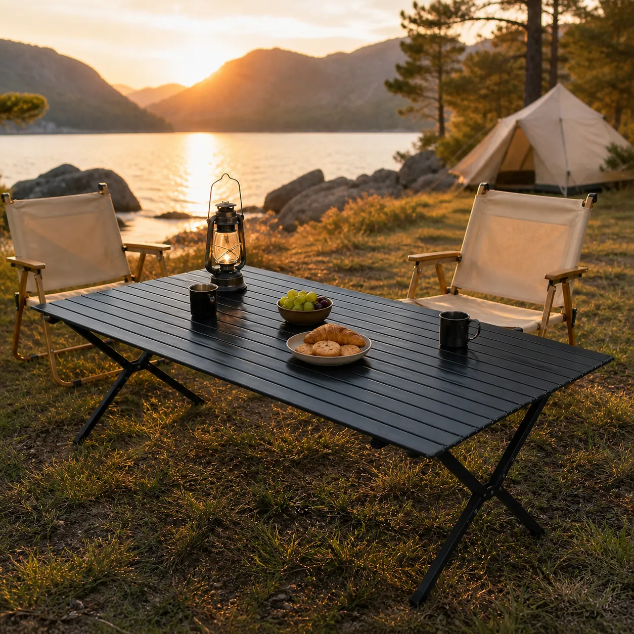 Large Black Iron Slatted Folding Camping & Picnic Table
