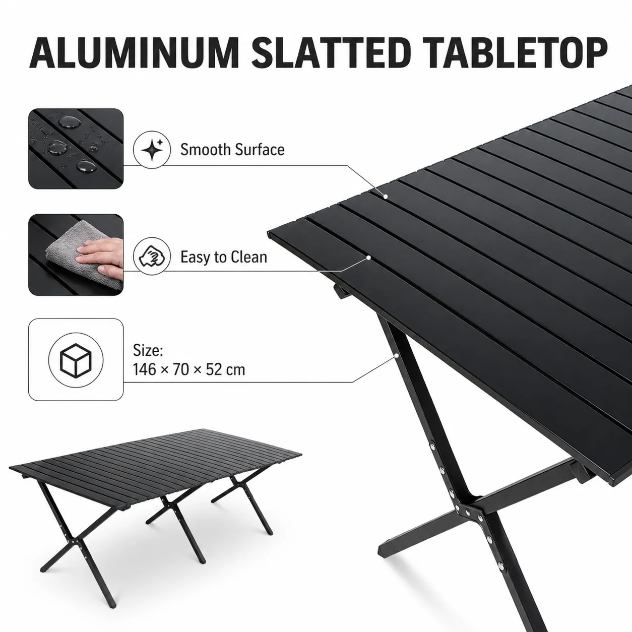Large Black Iron Slatted Folding Camping & Picnic Table