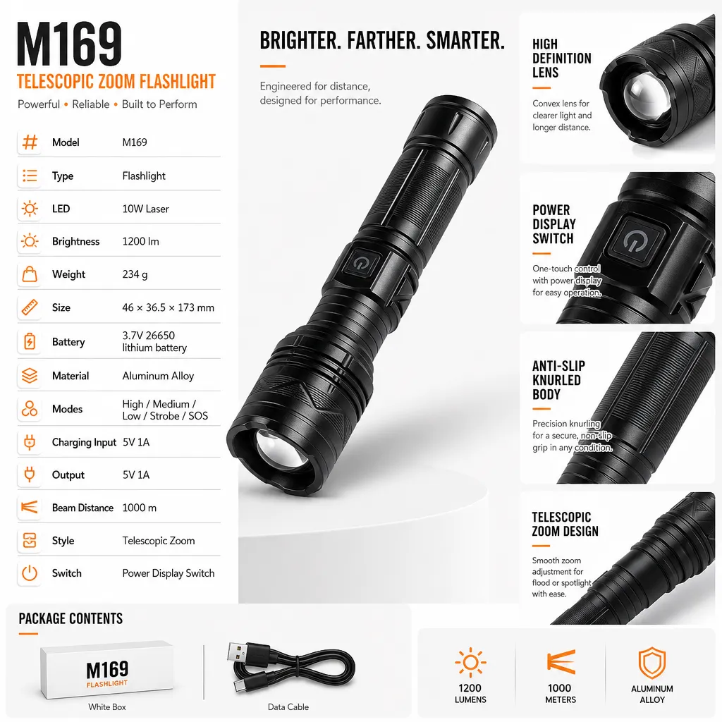 M169 10 W Laser Rechargeable Zoom Flashlight