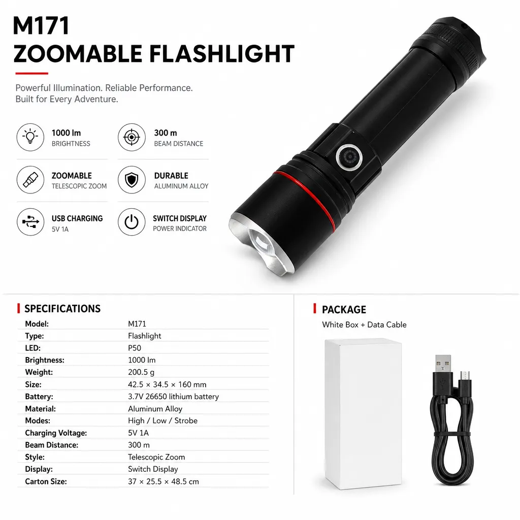 P50 Zoom Flashlight M171, 1000 lm Aluminum Alloy Torch