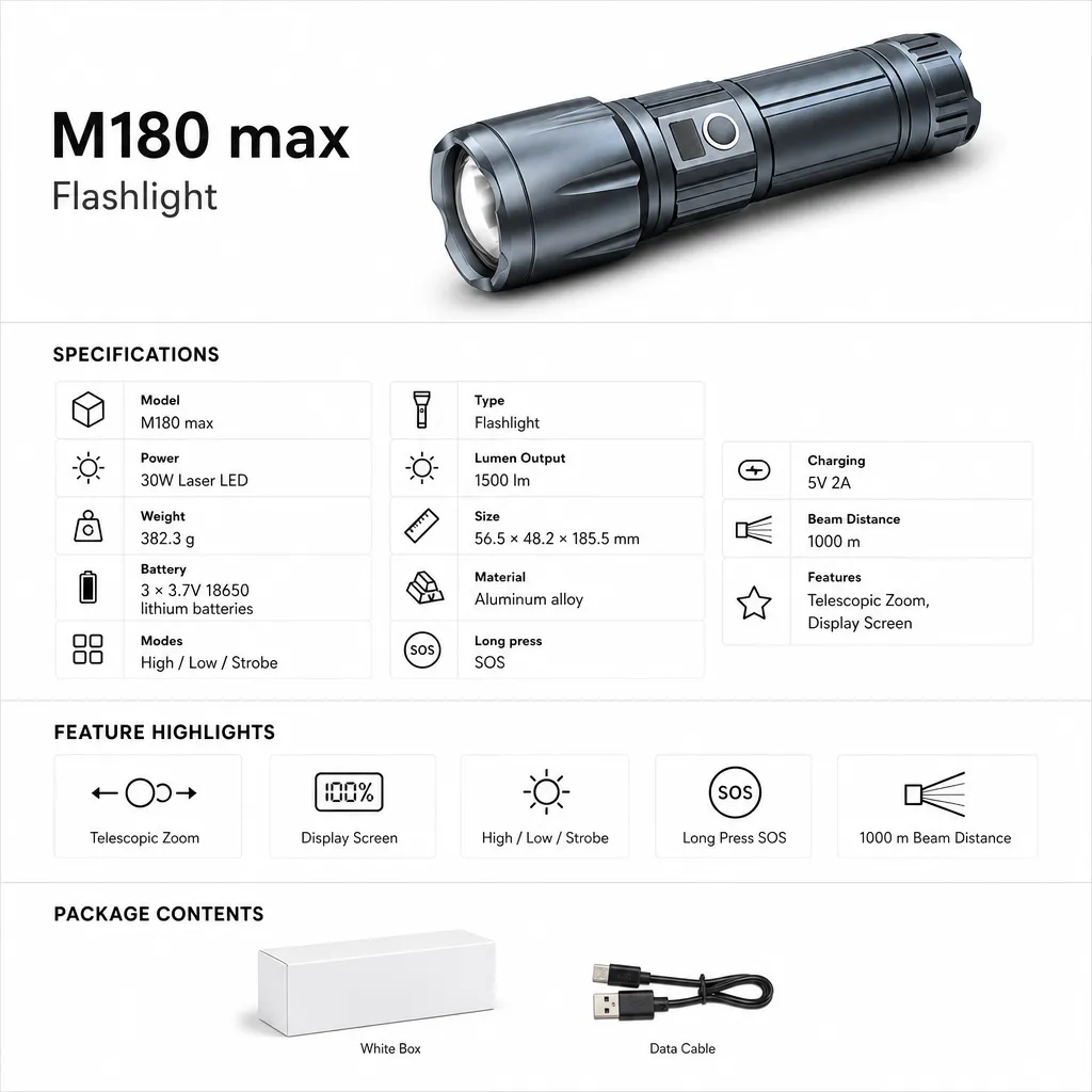 M180 Max 30 W Laser Aluminum Alloy Zoom Flashlight