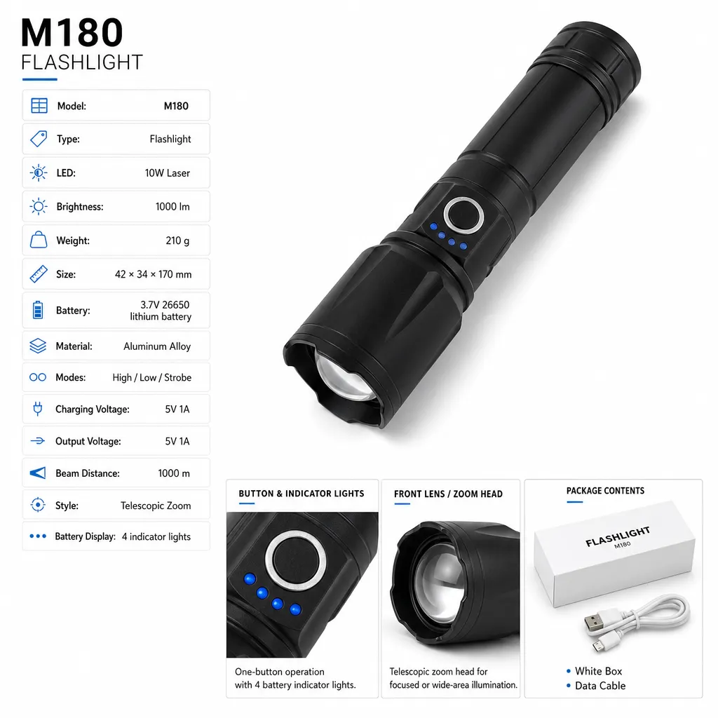 M180 10 W Laser Zoom Flashlight 1000 lm Aluminum Alloy Rechargeable Torch