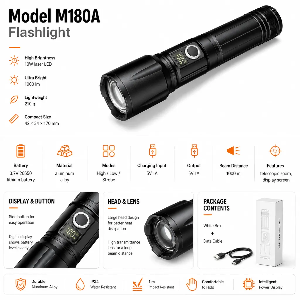 M180A 10 W Laser Flashlight 1000 lm Zoom Focus Aluminum Alloy Torch