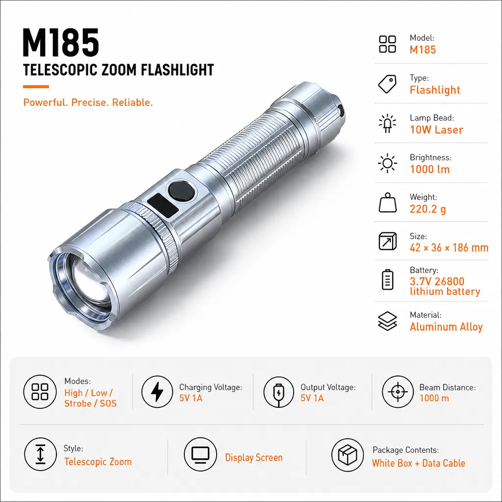 M185 Rechargeable Laser Flashlight Zoomable Tactical Torch