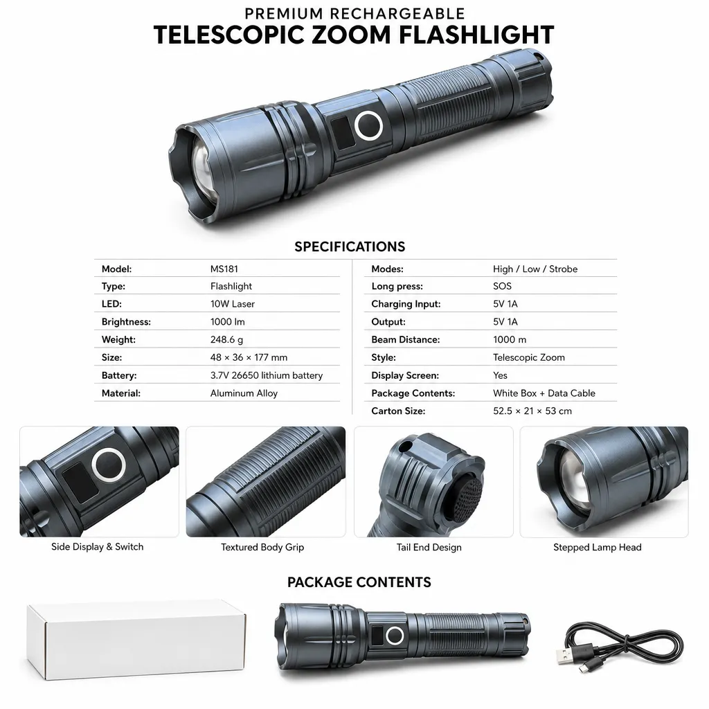 MS181 10 W Laser Rechargeable Aluminum Alloy Zoom Flashlight