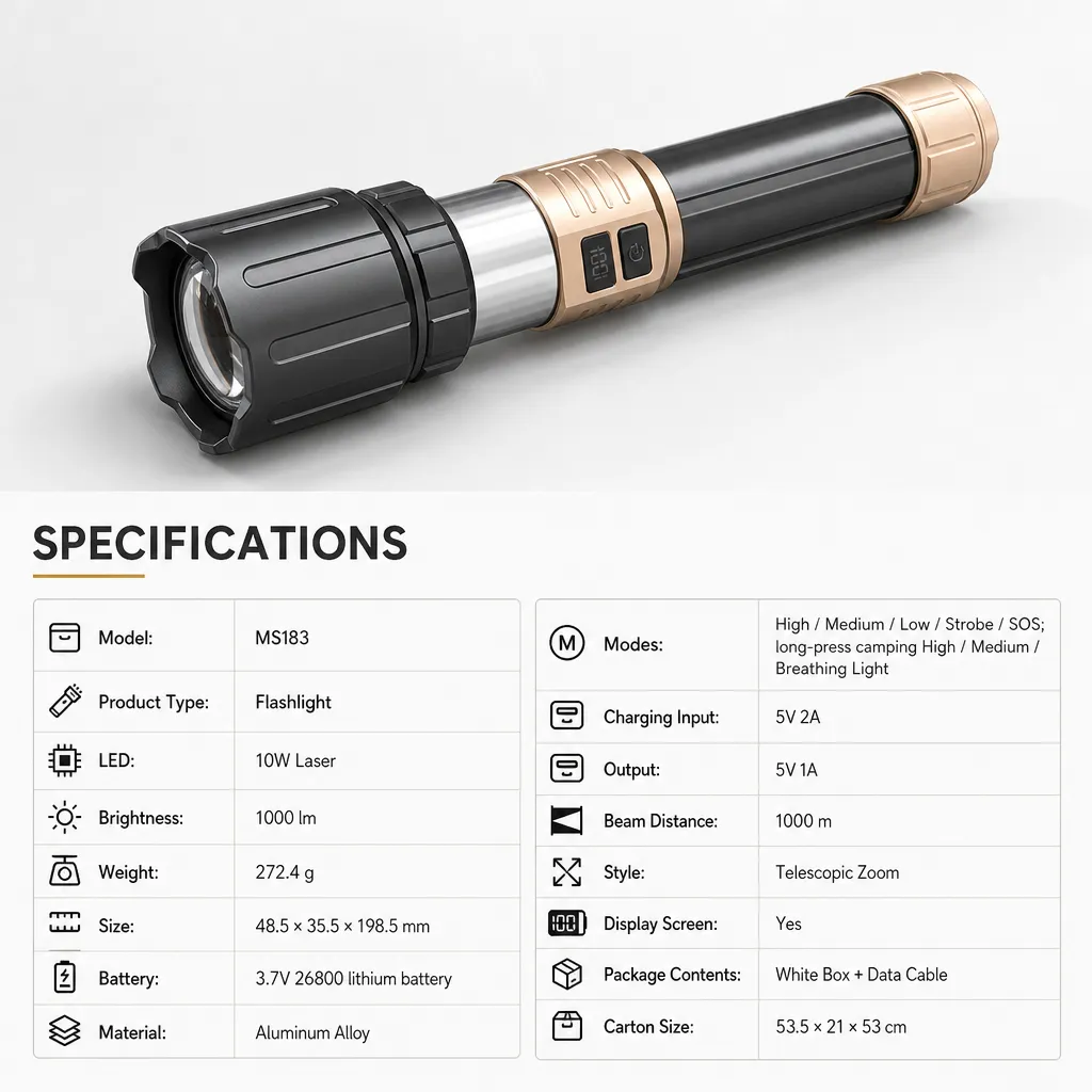 MS183 Rechargeable Laser Flashlight Zoomable Tactical Torch