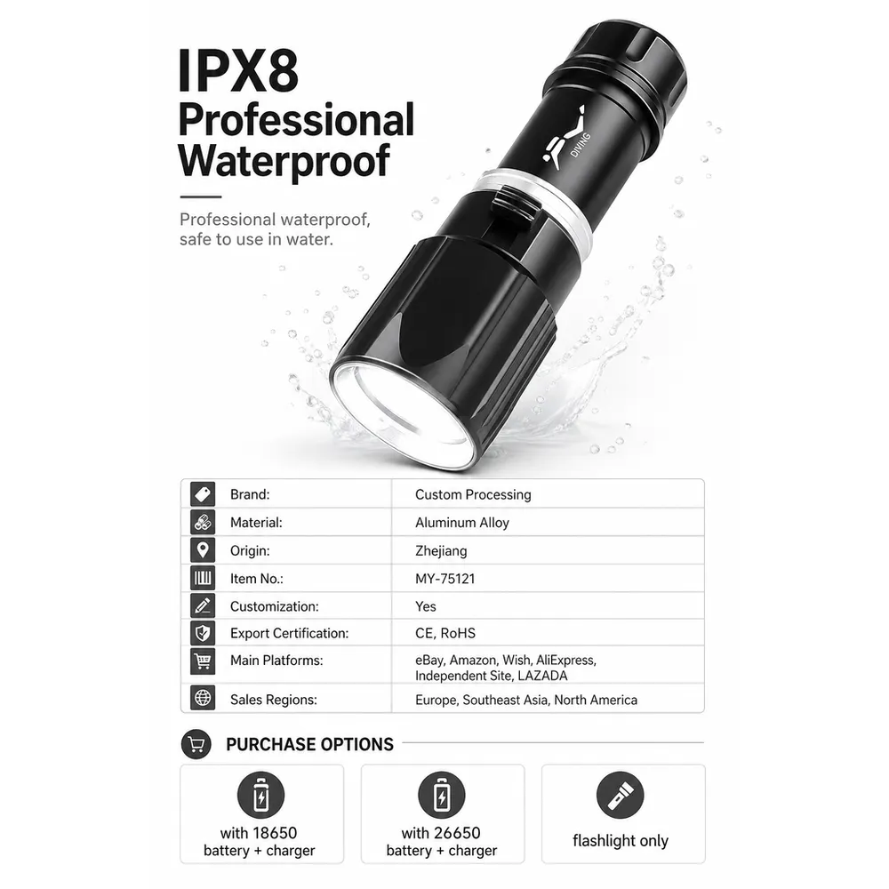 MY-75121 XHP70 LED Diving Flashlight IPX8 Waterproof Underwater Torch