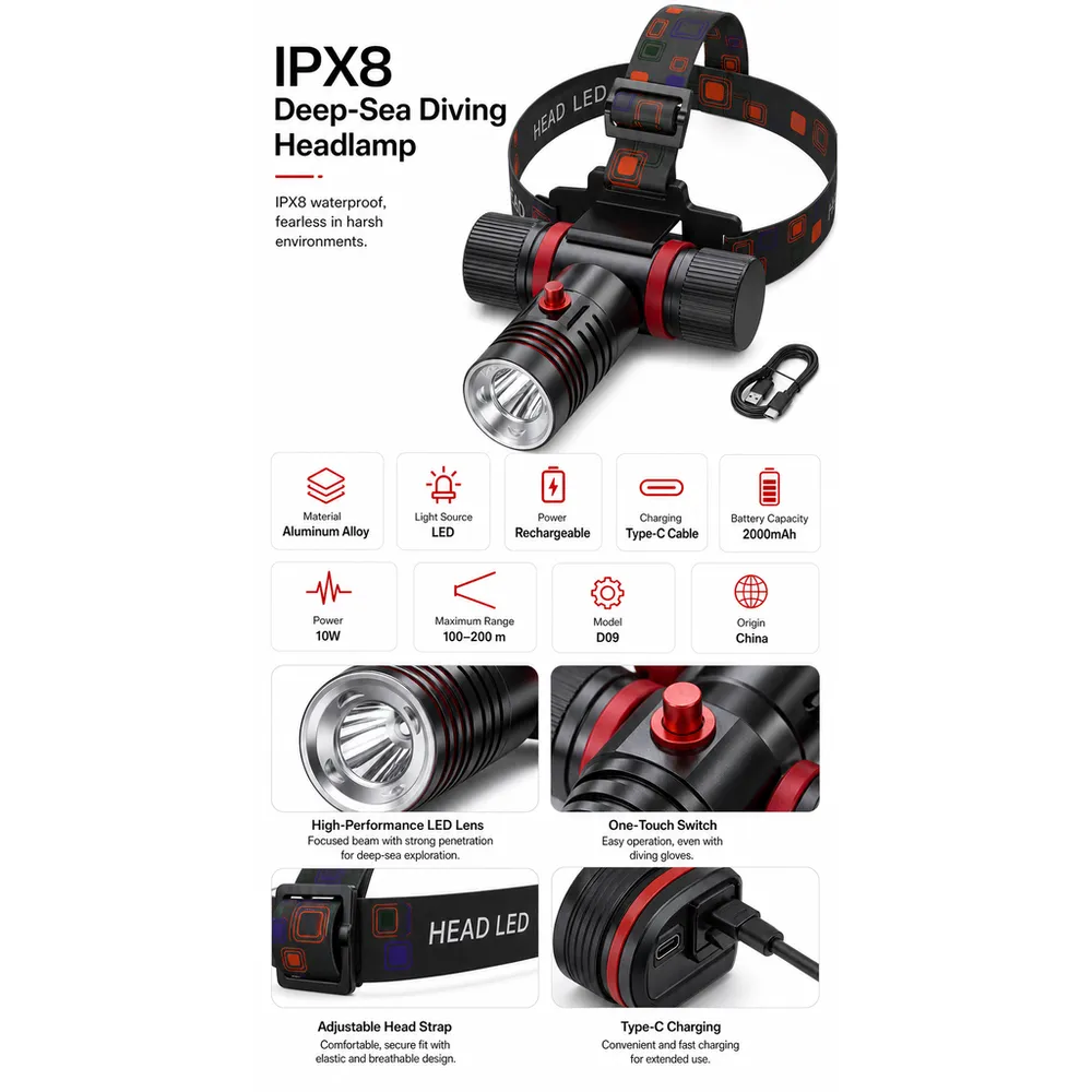New Type-C Rechargeable IP68 Waterproof LED Diving & Camping Headlamp