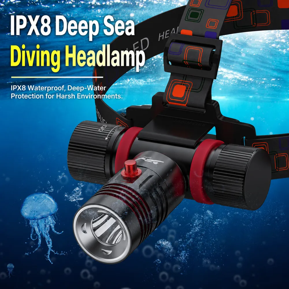 New Type-C Rechargeable IP68 Waterproof LED Diving & Camping Headlamp