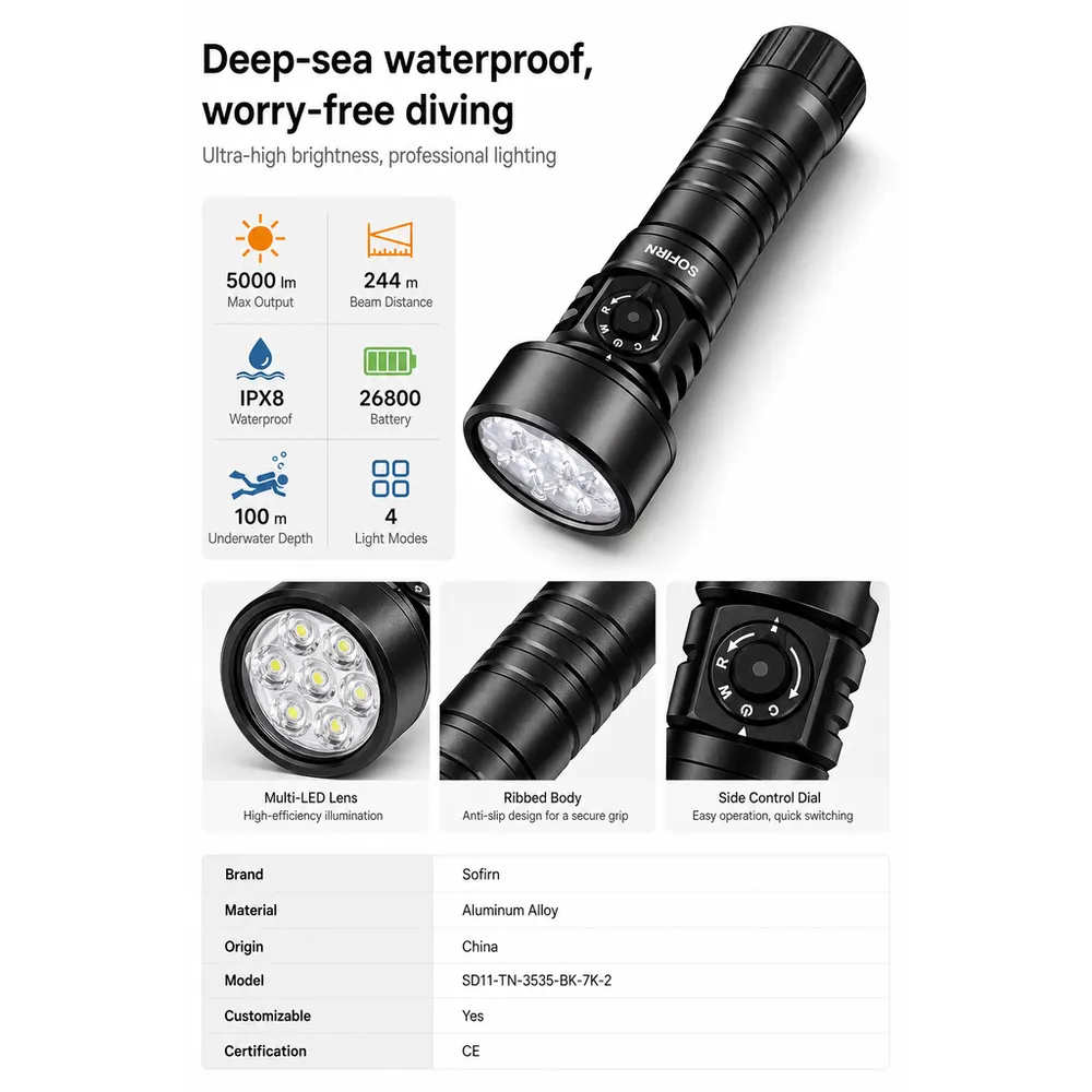 For SD11 Powerful 5000LM Dive Flashlight