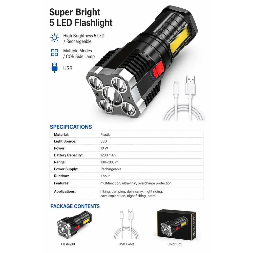 High-Endurance Rechargeable LED Flashlight Four Lights