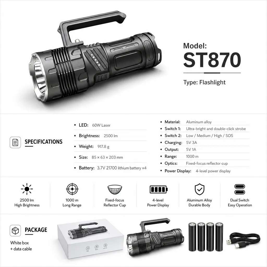 ST870 60 W Laser Flashlight, Aluminum Alloy Rechargeable Long Beam Torch
