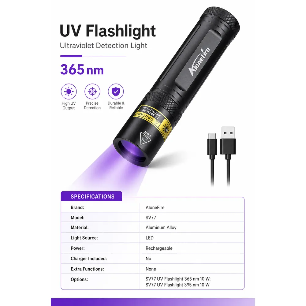 AloneFire SV003 Aluminum 365nm 3W 10W LED Black Lens UV Flashlight