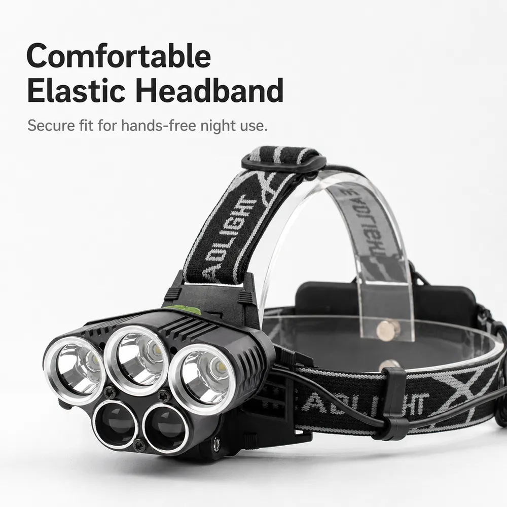 LED Headlamp 5 LED 2000 Lumen USB Rechargeable IP65 T6 18650 Flashlight