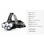 LED Headlamp 5 LED 2000 Lumen USB Rechargeable IP65 T6 18650 Flashlight