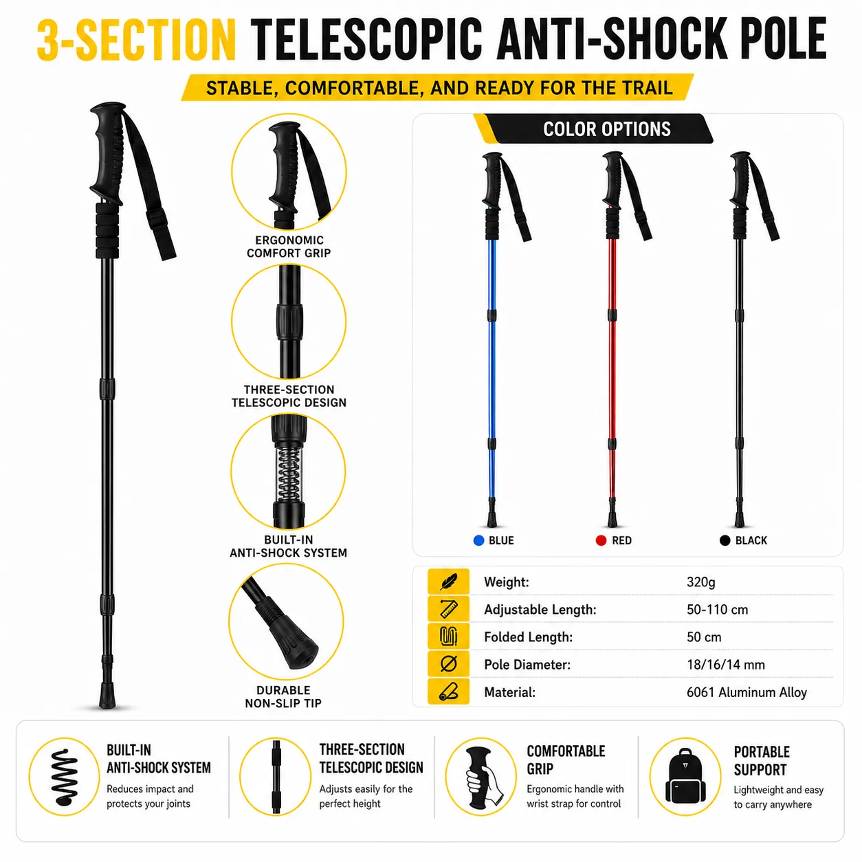 Telescopic Hiking Poles, Foldable Trekking Poles