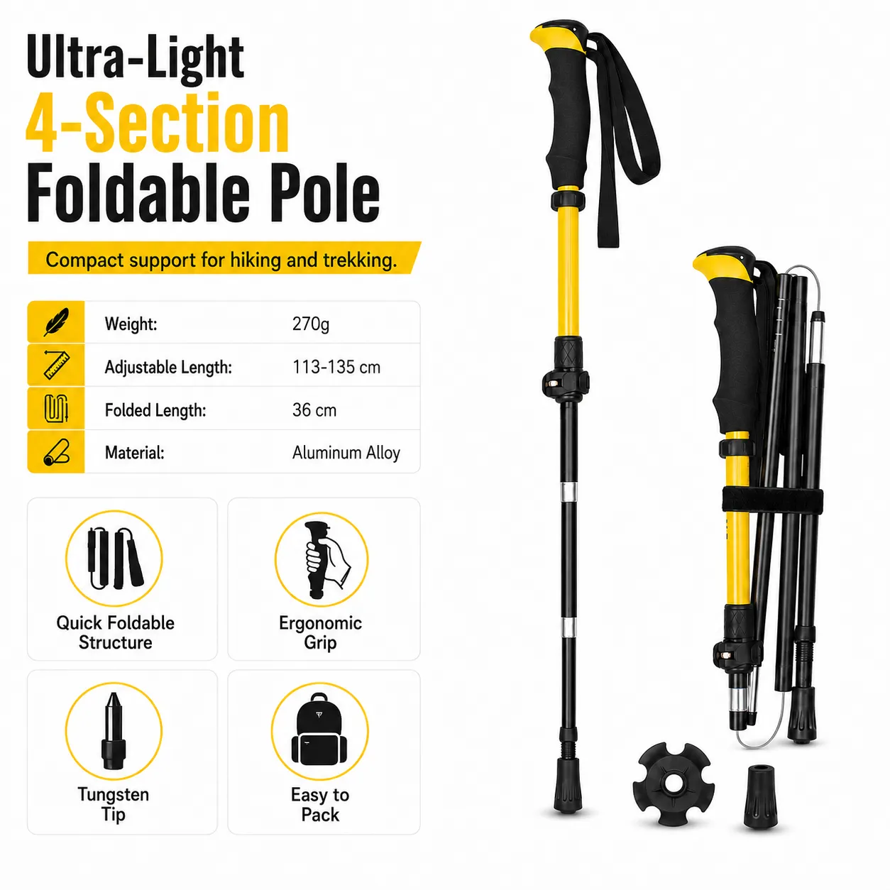 Telescopic Hiking Poles, Foldable Trekking Poles