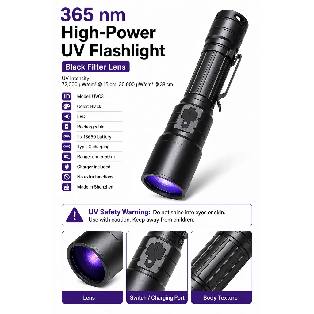 For USB Rechargeable Non Destructive Testing 365nm UV Flashlight