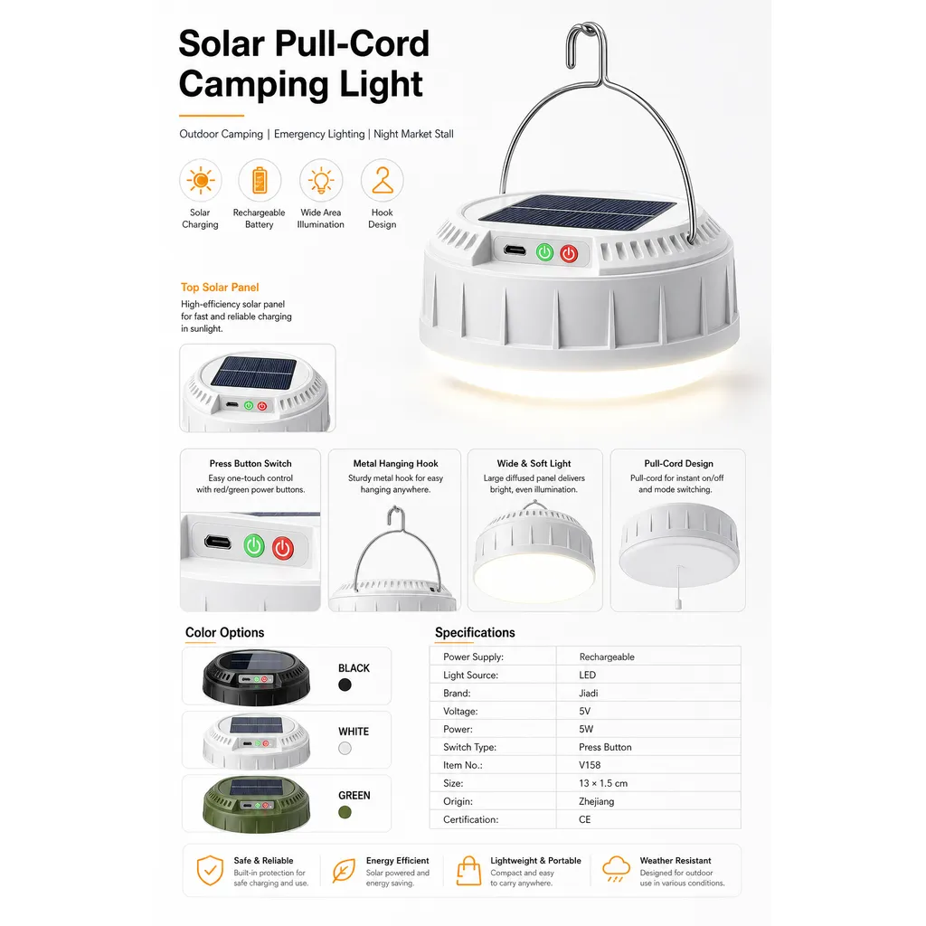V158 Solar Rechargeable LED Camping Light Pull String Tent Lantern