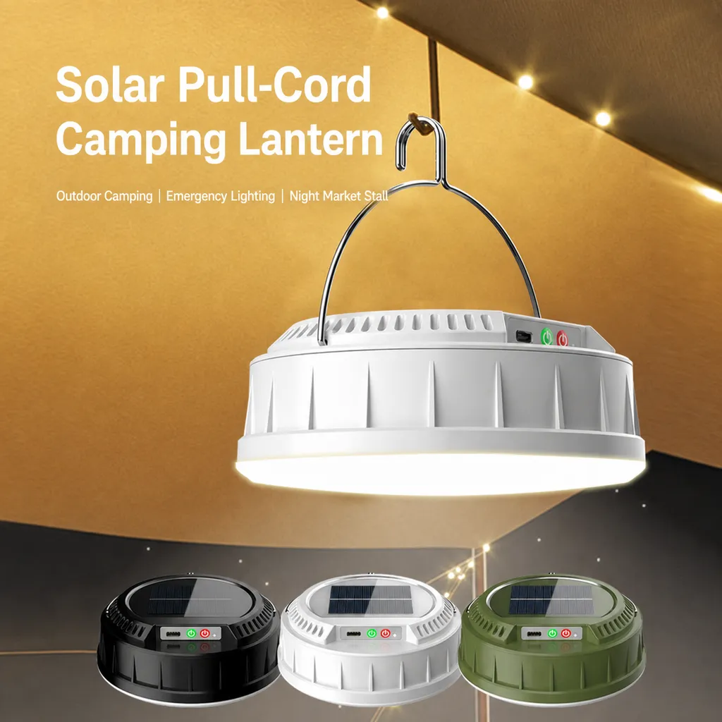 V158 Solar Rechargeable LED Camping Light Pull String Tent Lantern