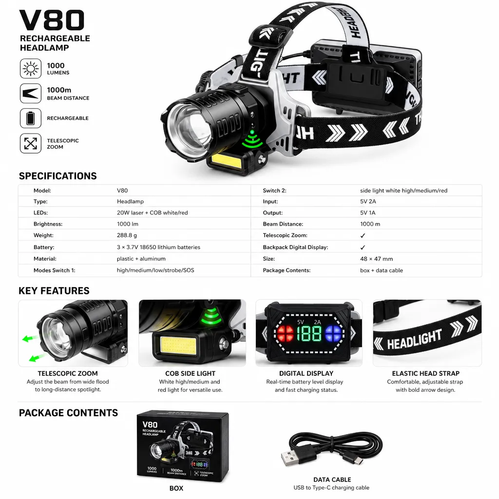 V80 20 W Laser COB Rechargeable Zoom Headlamp