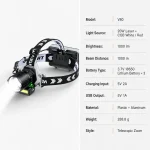 V80 20 W Laser COB Rechargeable Zoom Headlamp