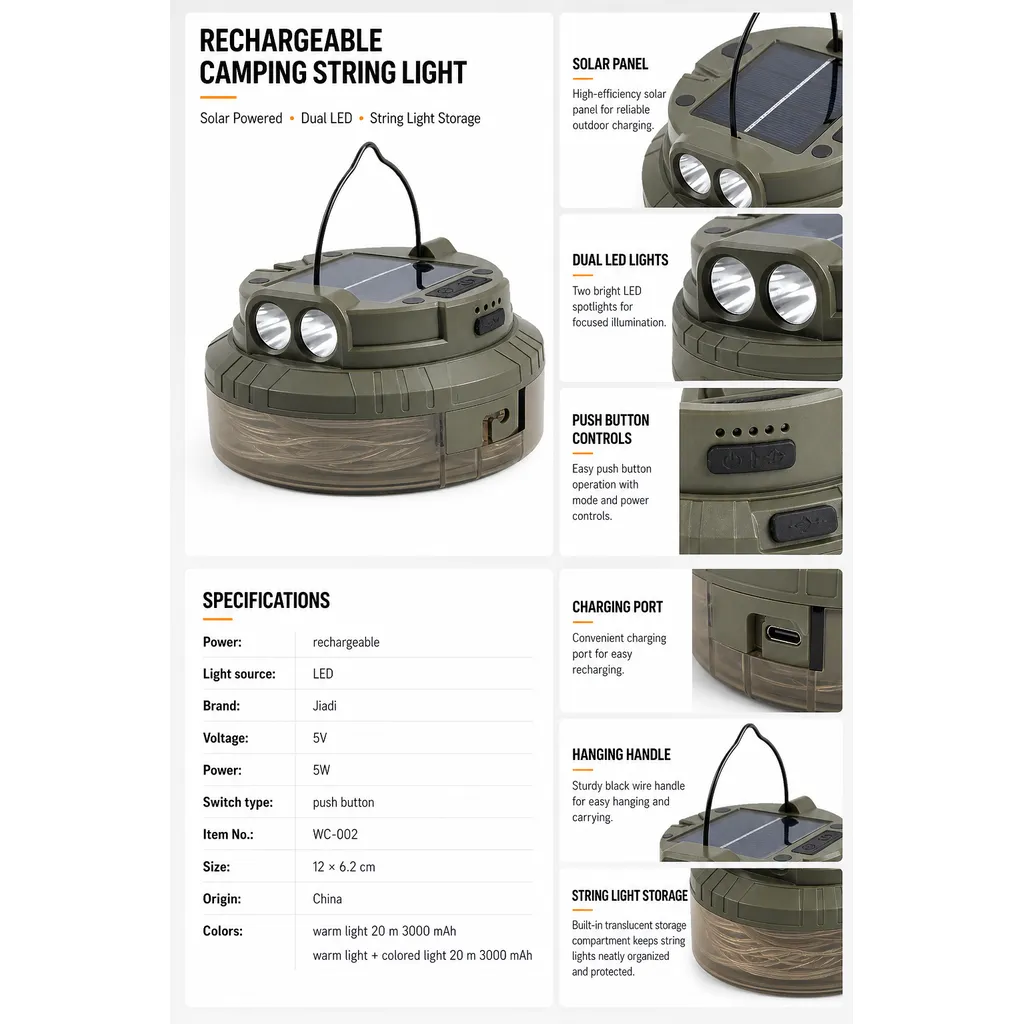 WC-002 Solar Rechargeable LED Camping String Light Type-C Portable Lantern