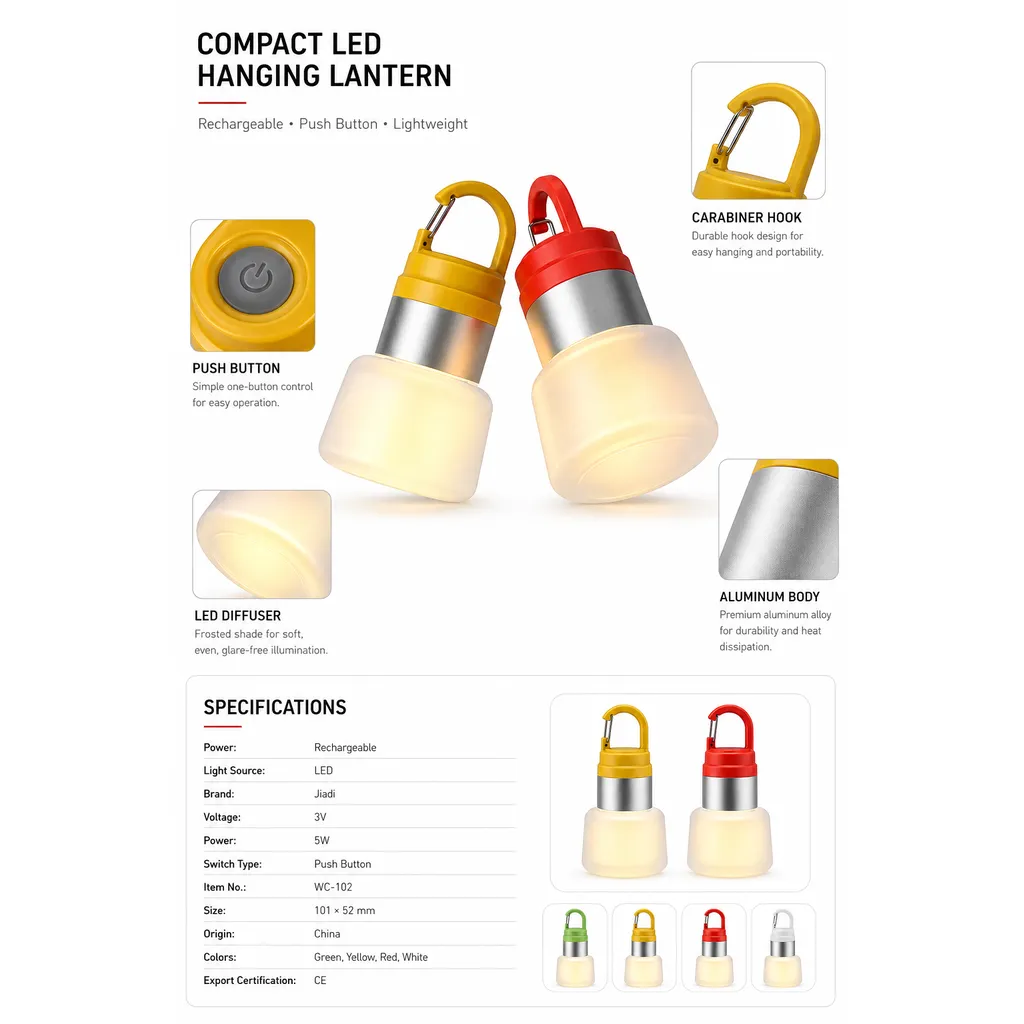 WC-102 Rechargeable LED Camping Lantern RGB Multi Color Hanging Tent Light