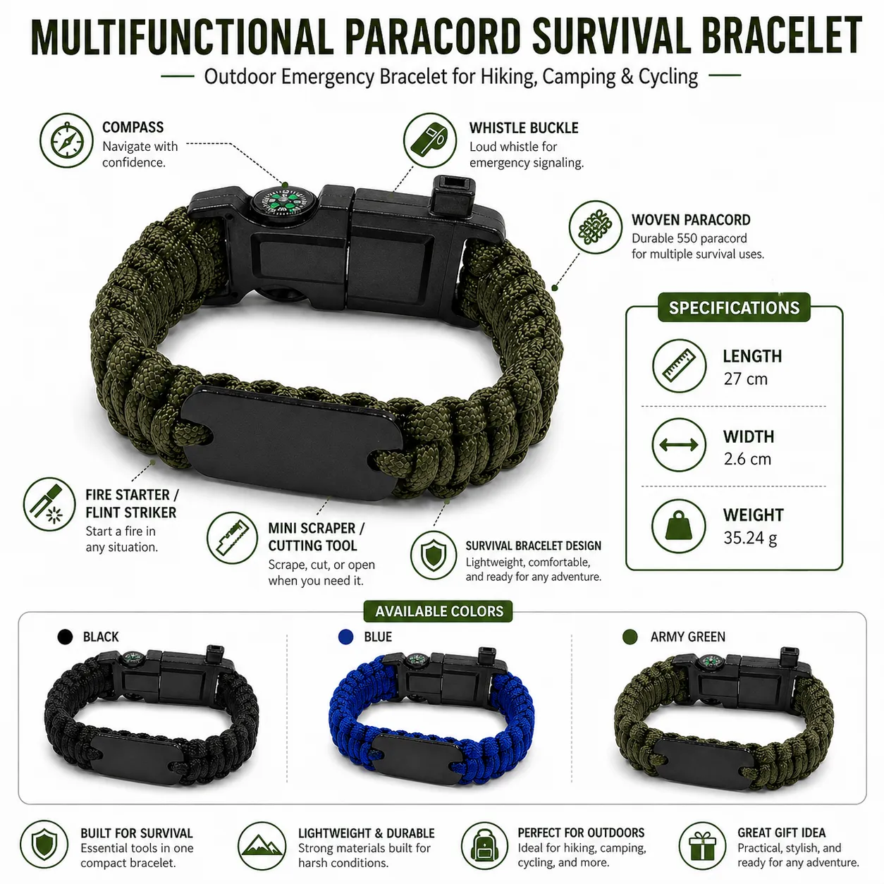 Multifunctional Paracord Survival Bracelet