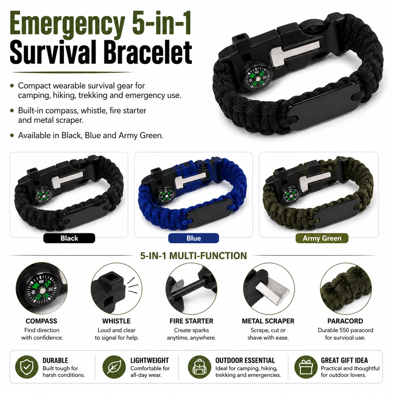 Multifunctional Paracord Survival Bracelet